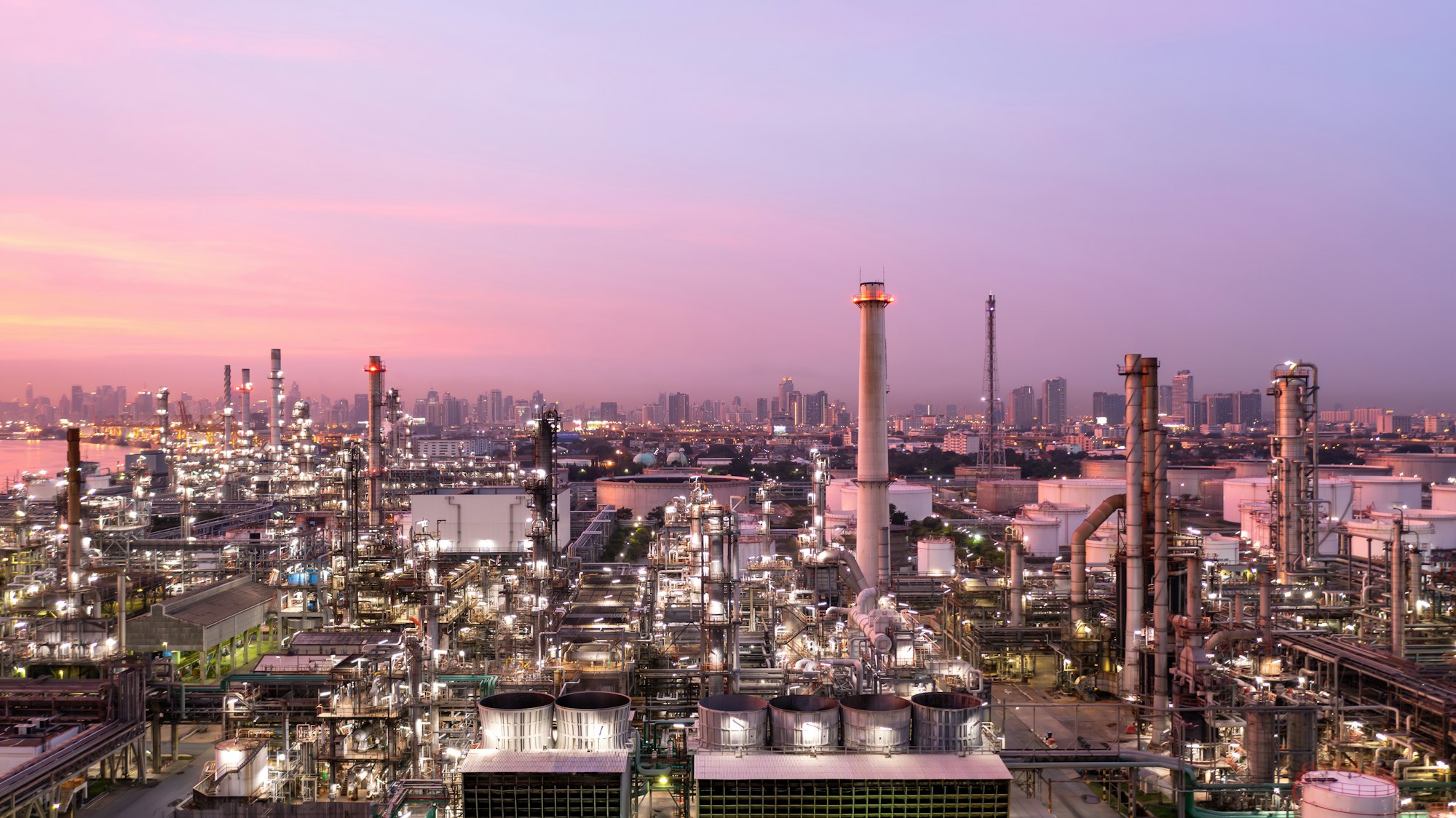 Aerial view oil and gas industry refinery at sunset, Aerial view oil and gas Industrial.